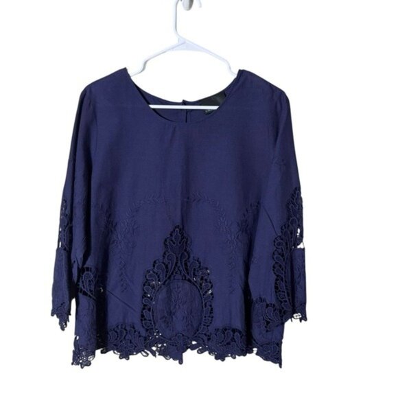 Cynthia Rowley Womens Crochet Top Blouse Medium Bohemian Fairy Navy Blue Beachy - Picture 1 of 8